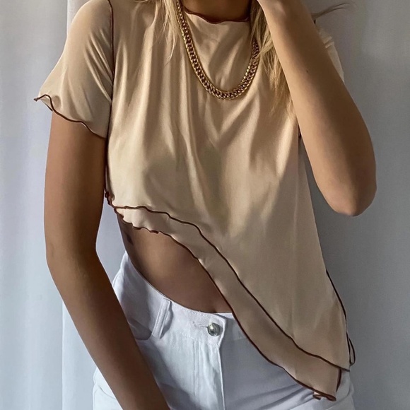 Princess Polly Cream and Brown Asymmetrical Top - Picture 2 of 6